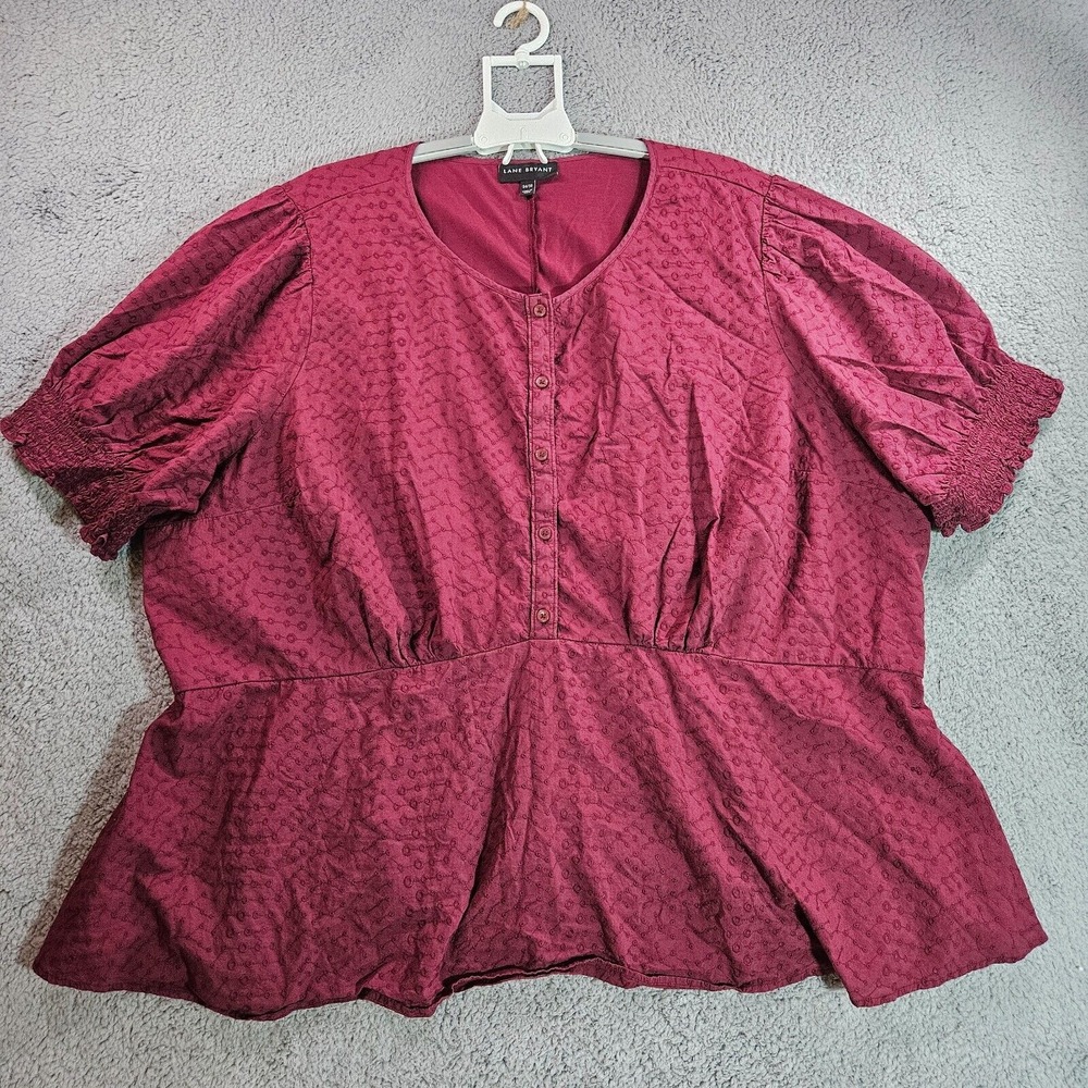 Lane Bryant Top Blouse Womens Size 34 36 Embroidered Short Sleeve Maroon Red